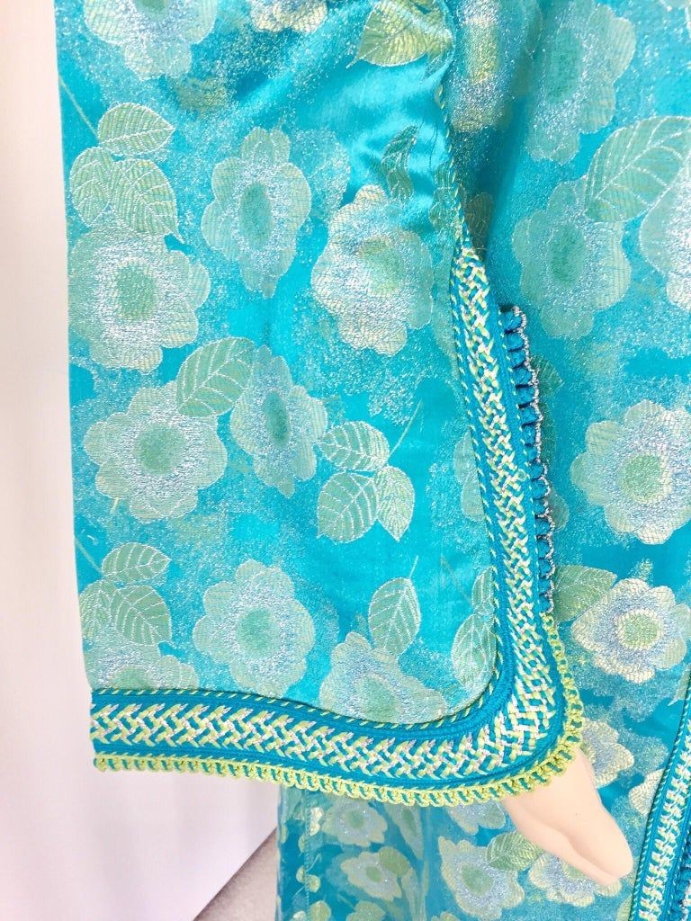 Moroccan Kaftan in Turquoise and Gold Floral Brocade Metallic Lame