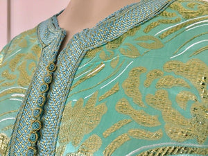 Moroccan Kaftan in Aqua and Gold Floral Brocade Metallic Lame