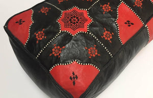 Vintage Moroccan Leather Rectangular Pouf in Red and Black