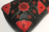 Vintage Moroccan Leather Rectangular Pouf in Red and Black
