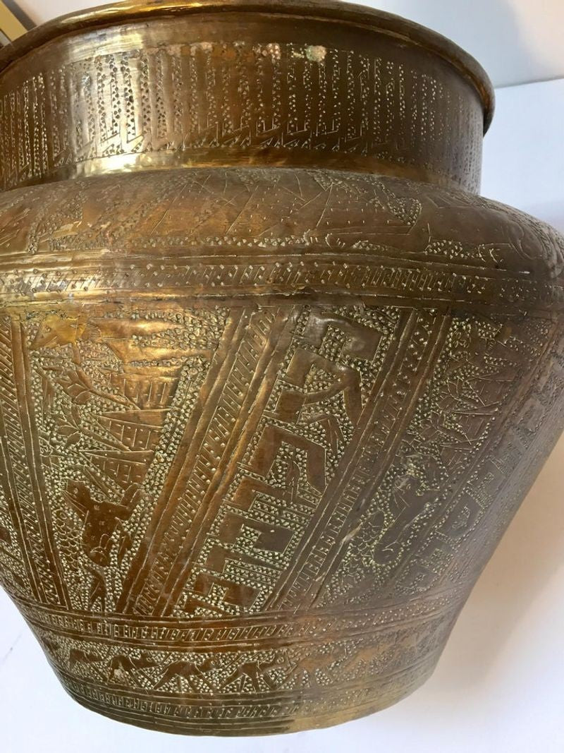 Middle Eastern Egyptian Hebraique Revival Hand Etched Brass Pot Jardiniere