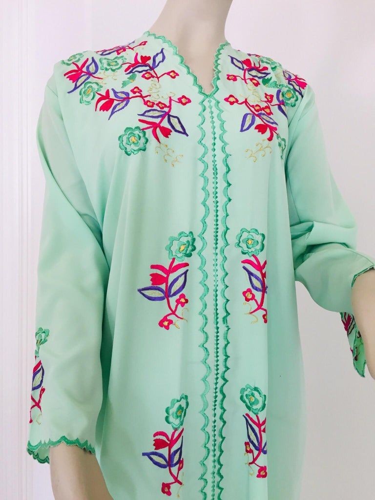 Moroccan Green with Floral Embroidered Caftan, Kaftan