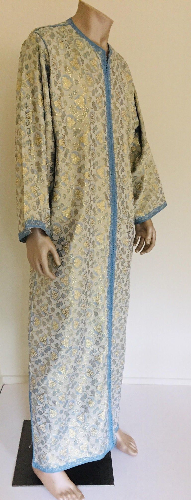 Metallic Blue and Silver Brocade 1970s Maxi Dress Caftan, Evening Gown Kaftan