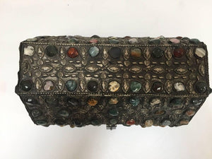 Large Moroccan Wedding Silvered Jewelry Box Inlaid with Semi-Precious Stones