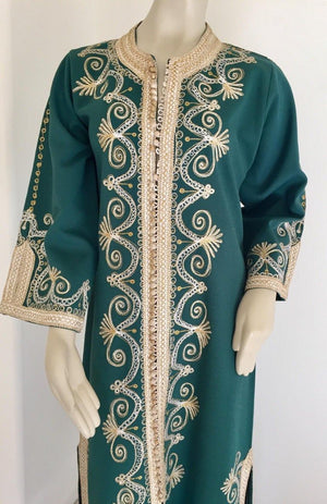 Vintage Moroccan Caftan Emerald Green Maxi Dress, circa 1970 Size M
