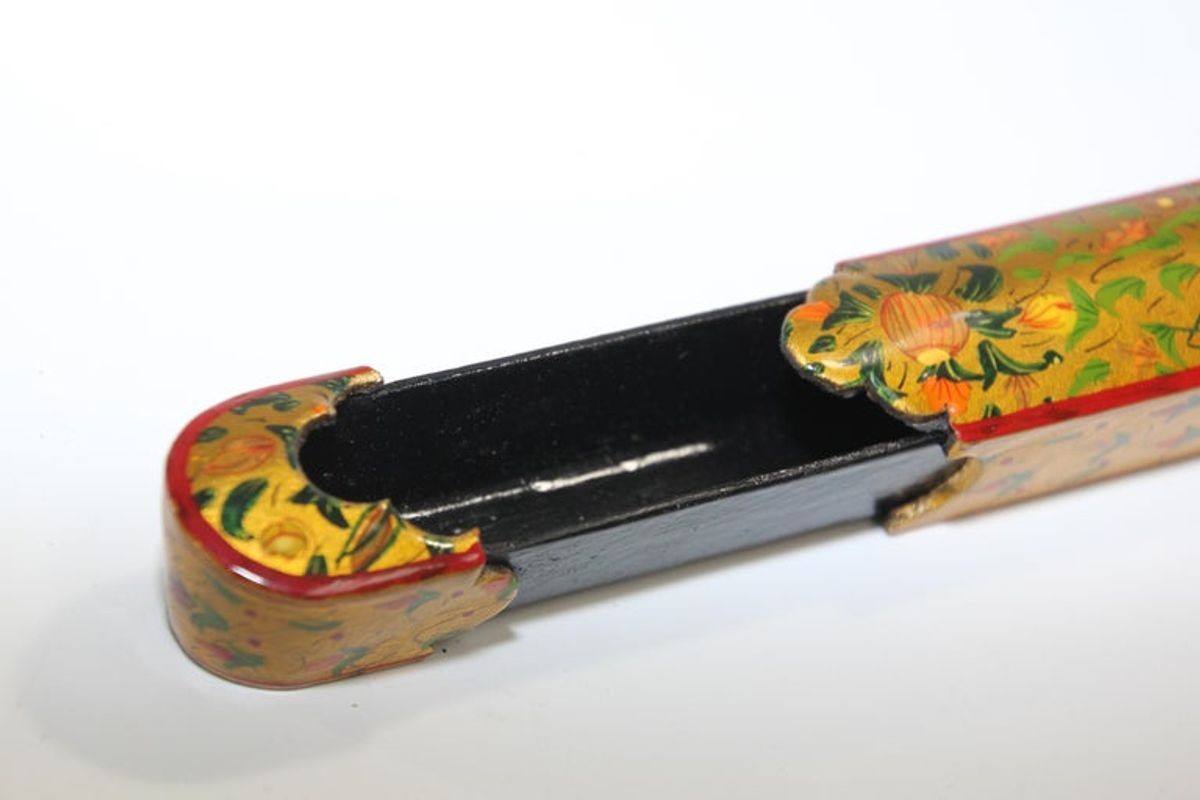 Persian Lacquer Pen Box Hand Painted with Floral and Gilt Design