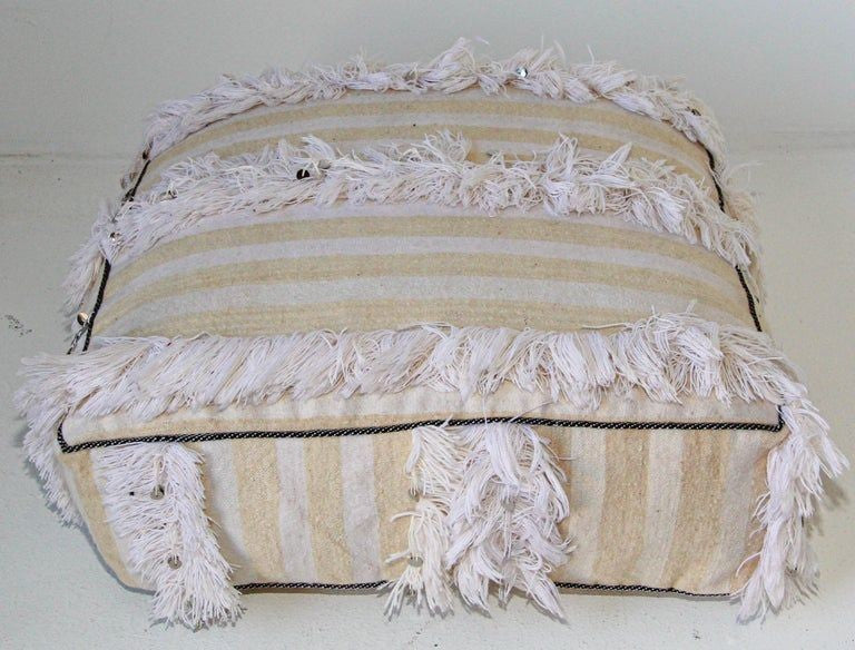 Moroccan White Floor Pillow with Silver Sequins and Long Fringes