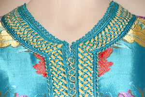 Elegant Moroccan Caftan in Blue Metallic Floral Brocade