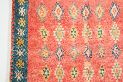1960s Moroccan Berber Rug, Coral and Teal Geometric Wool, 4'10" × 9'10"