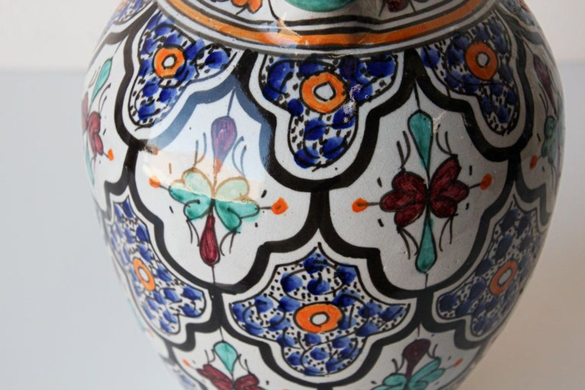 Moorish Ceramic Glazed Water Jug Handcrafted in Fez Morocco
