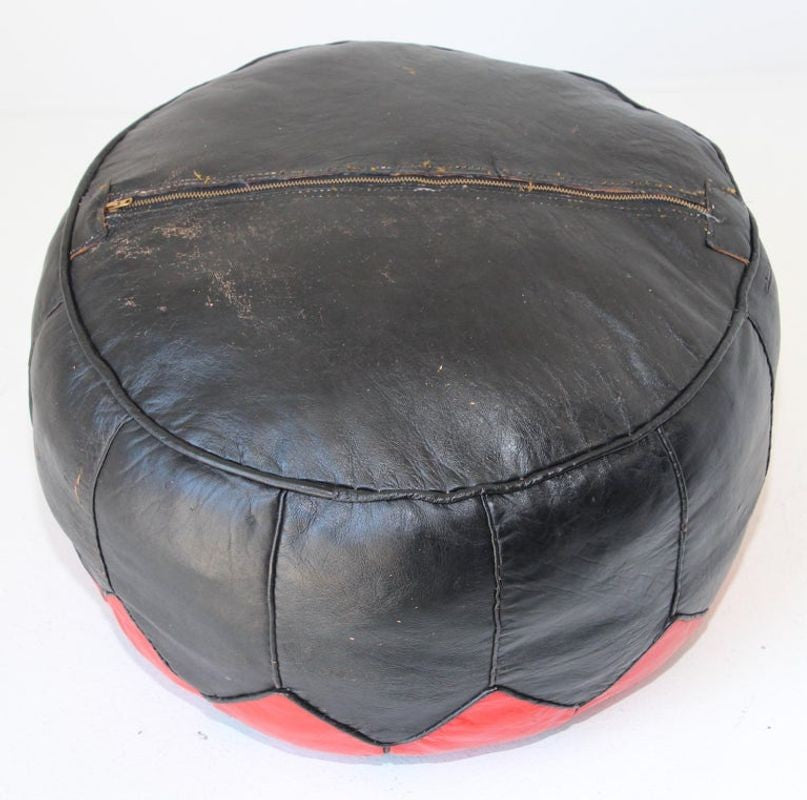 Vintage Moroccan Leather Pouf Hand-Tooled in Marrakesh Red and Black