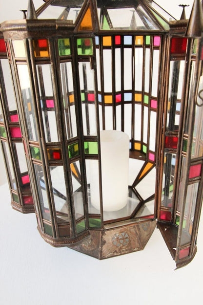 Moorish Glass Lantern, Handcrafted Metal & Glass, Morocco