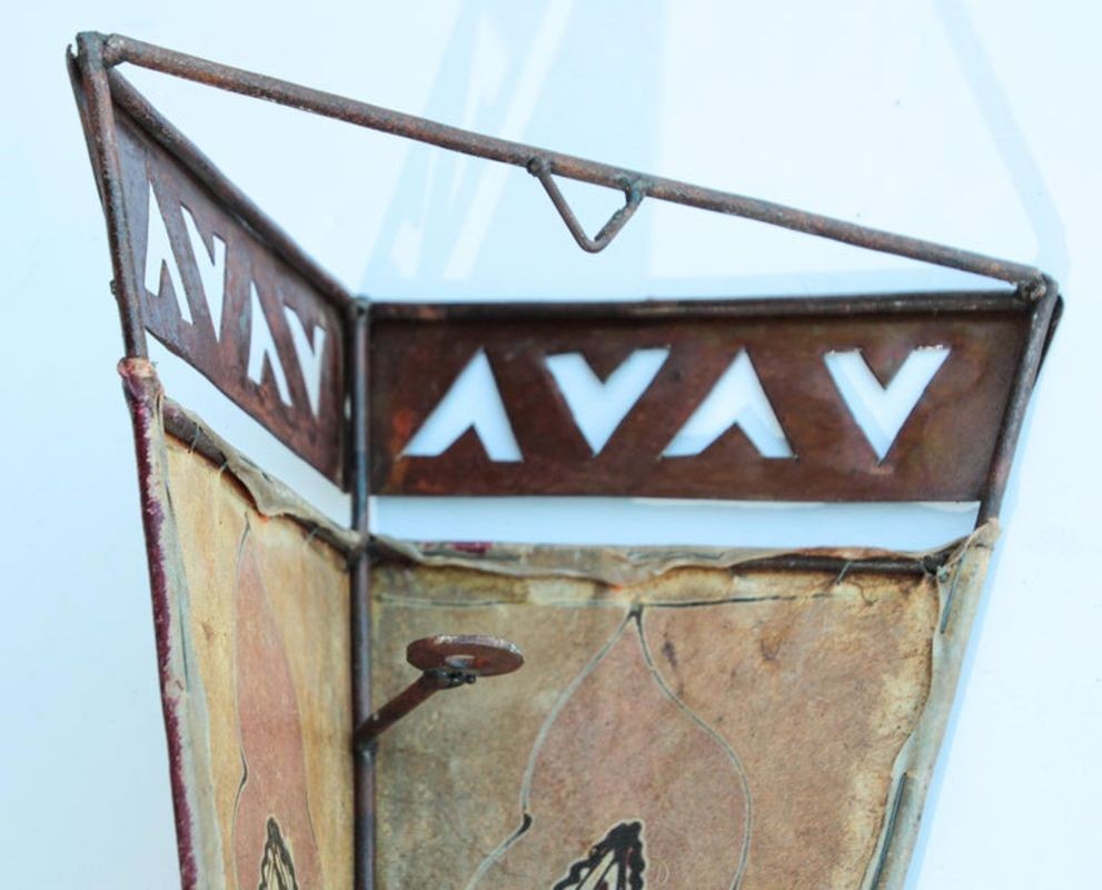 Vintage Handpainted Moroccan Folk Art Parchment Wall Sconce - 2