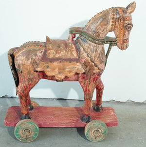 Antique Southeast Asian Polychrome Wooden Oversized Temple Horses from India