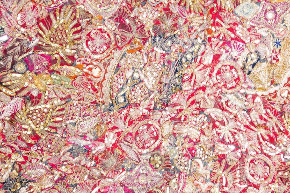 Mughal Embroidered Metal Threaded Tapestry from Rajasthan Framed