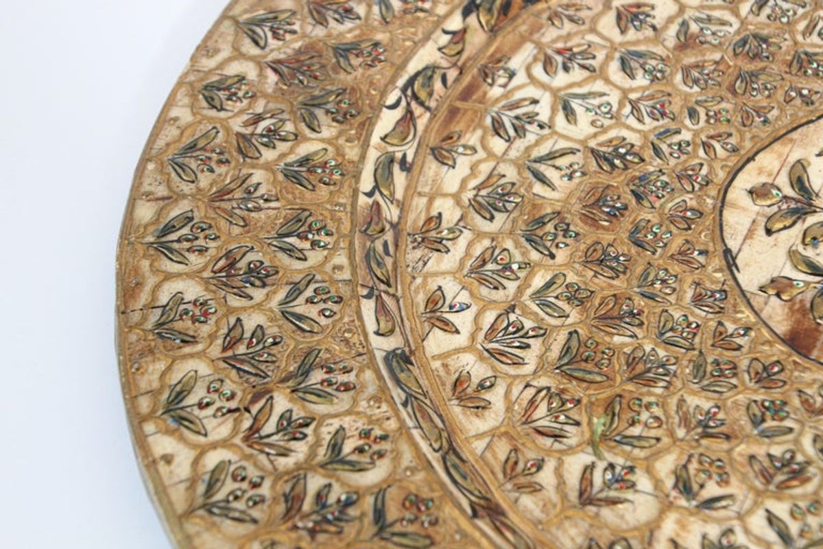 Indian Mughal style Overlaid and Hand Painted Metal Platter 1950