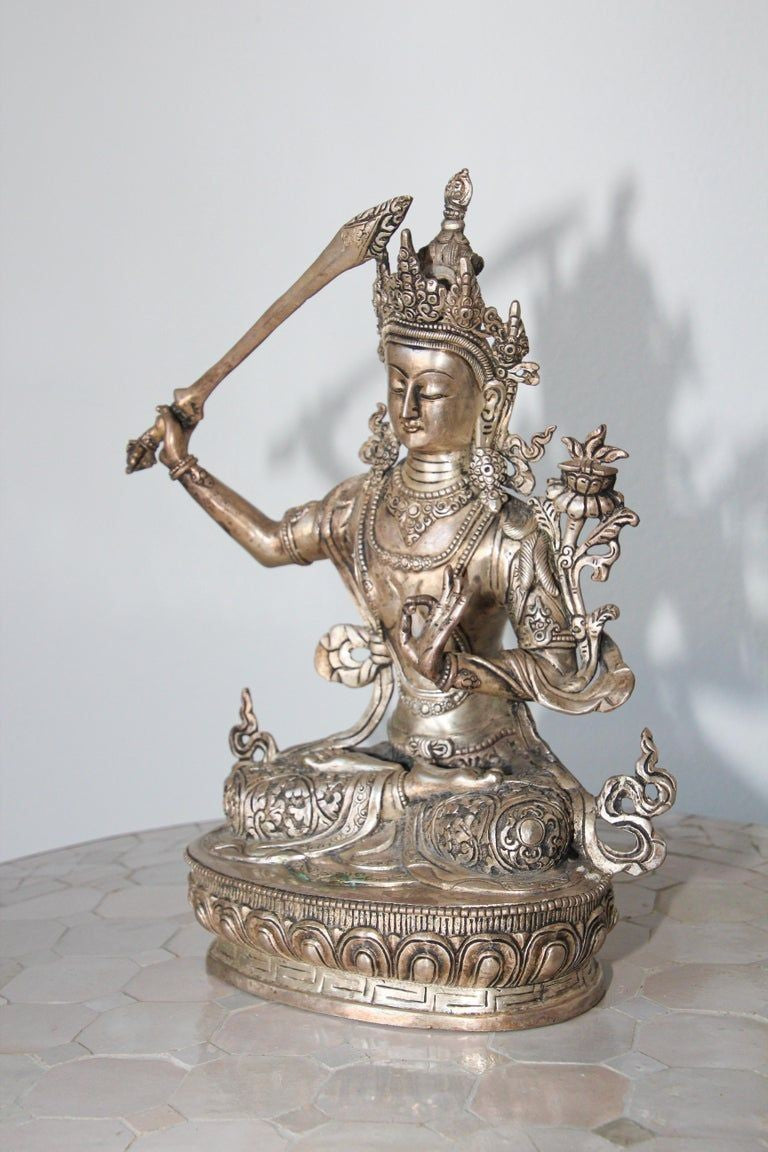 Silvered Metal Manjushri, Sino, Tibetan Buddhist Deity