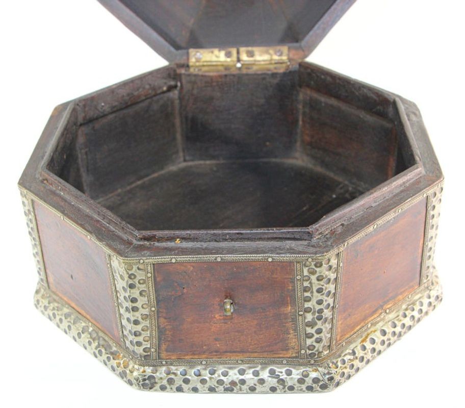 Large Asian Decorative Wooden Jewelry Box with Hammered Brass Metal Overlay