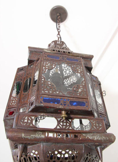 Vintage Moroccan Moorish Bronze Metal & Multicolor Glass Hanging Lantern