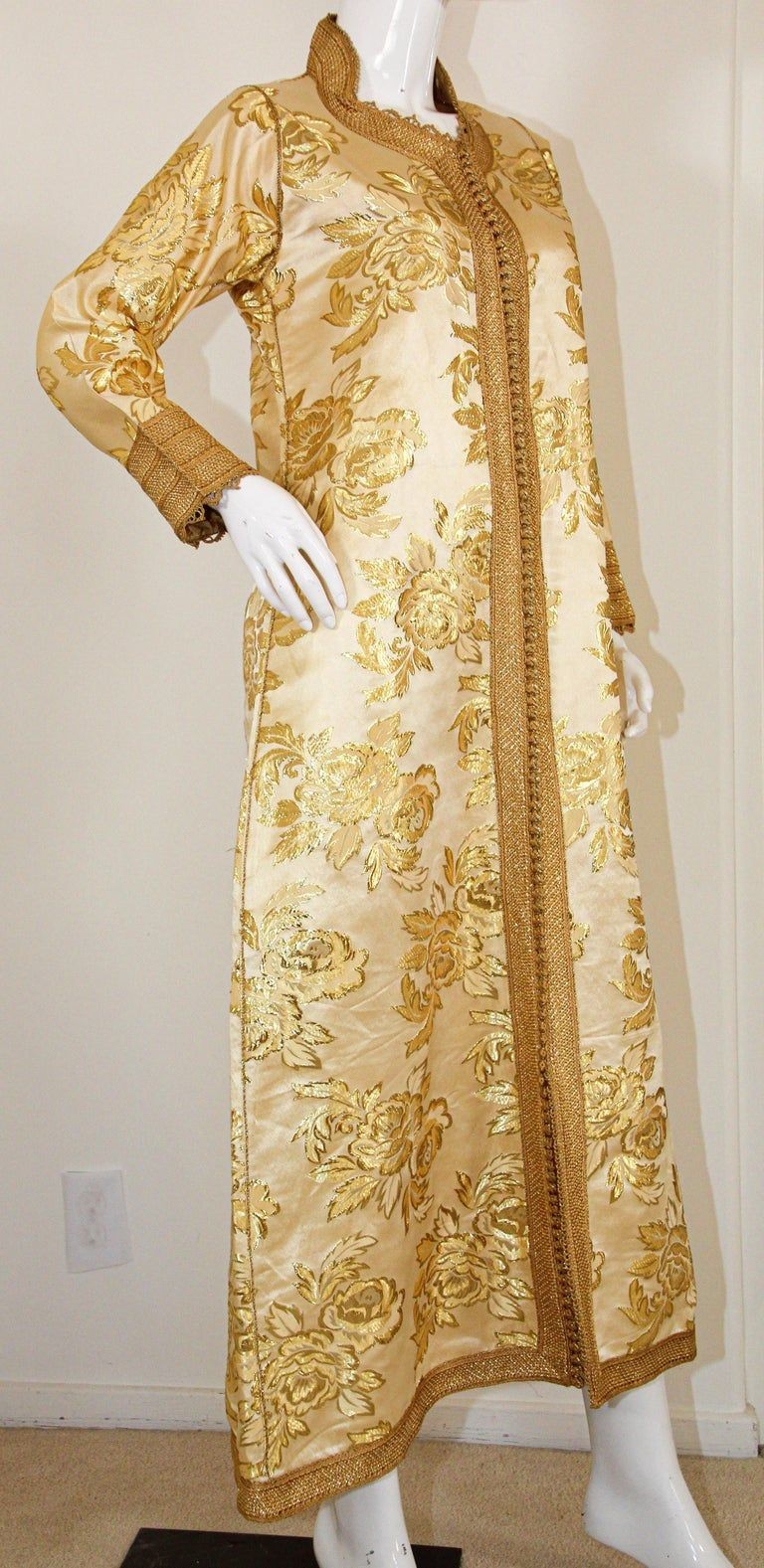 Moroccan Caftan Gold Damask Embroidered, Vintage, 1960s