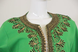 Vintage Moroccan Kaftan Green Maxi Dress circa 1970 Size L
