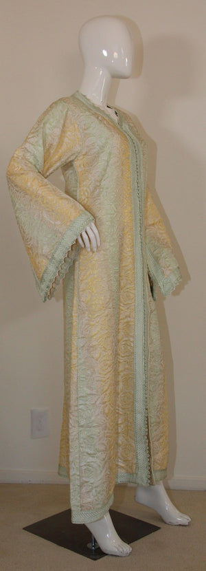 Vintage Moroccan Kaftan, Gold and Sage Damask Embroidered, ca. 1970s