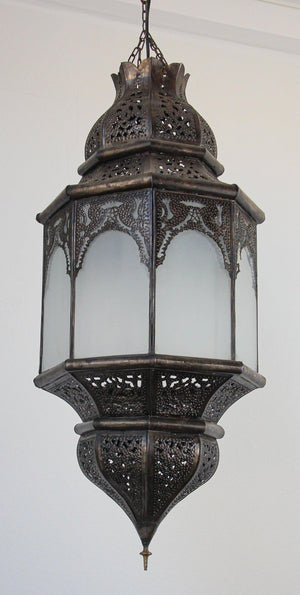 Moroccan Moorish Hanging Metal Lantern with Milky Glass
