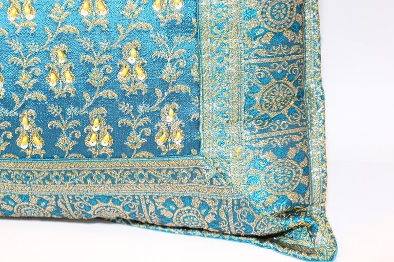 Turquoise Mughal Style Decorative Throw Pillow Embellished with Sequins and Beads