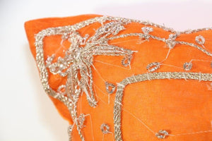 Beaded Orange Throw Pillow Embellished with Sequins