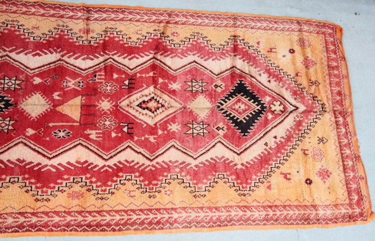 Vintage Moroccan Berber Rug in Saffron, Coral and Black, 71 x 145 in, 1960s