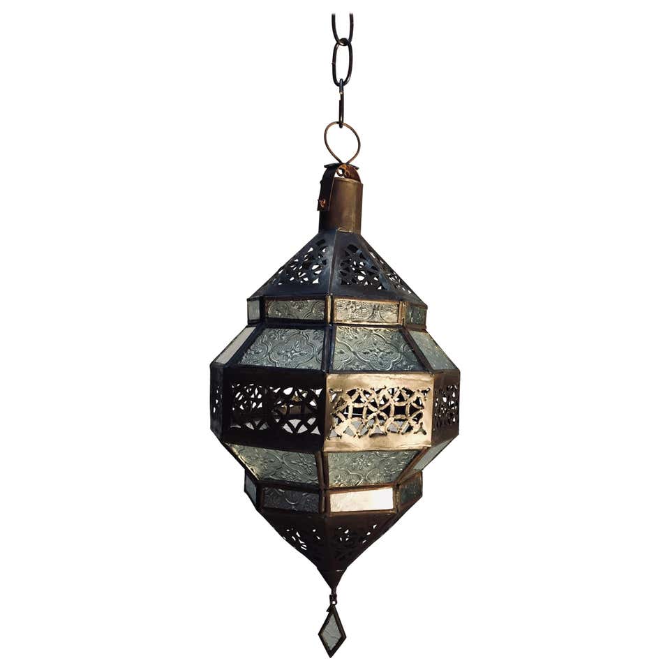 Vintage Moroccan Metal and Clear Glass Lantern, Octagonal Shape