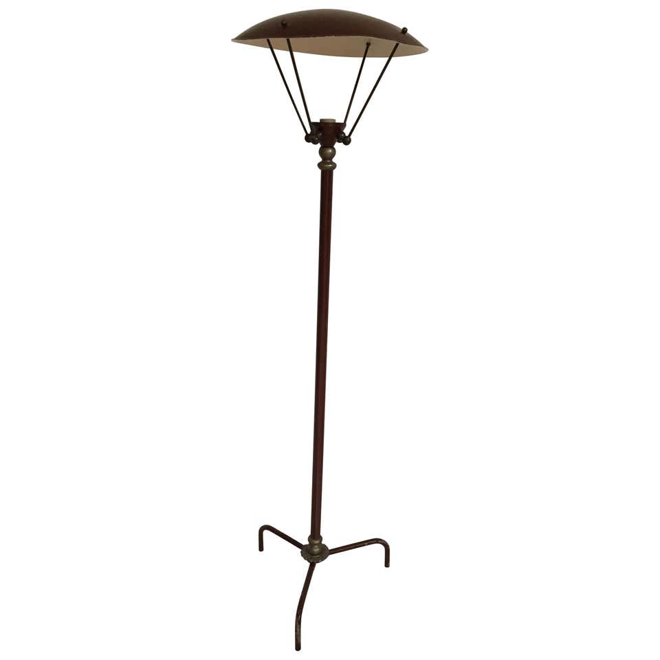 Sculptural Vintage French Tripod Floor Lamp Brown Enamel Shade 1950s