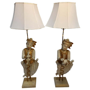 Pair of Asian Figures of Burmese Musicians Turned into Table Lamps