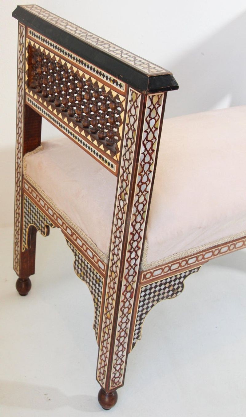 Antique Moroccan Benches with Mosaic White Shell Inlay a Pair