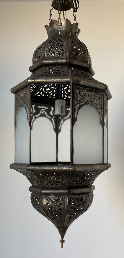Moroccan Moorish Hanging Metal Lantern with Milky Glass
