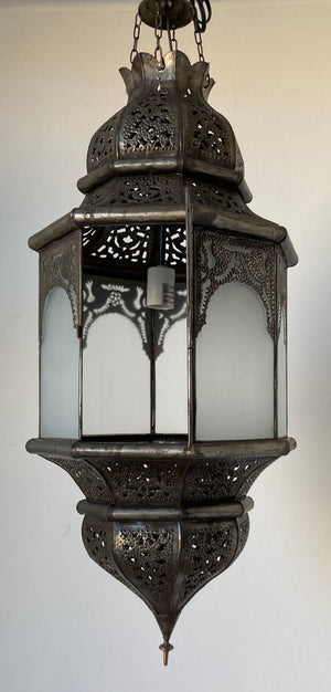 Moroccan Moorish Hanging Metal Lantern with Milky Glass