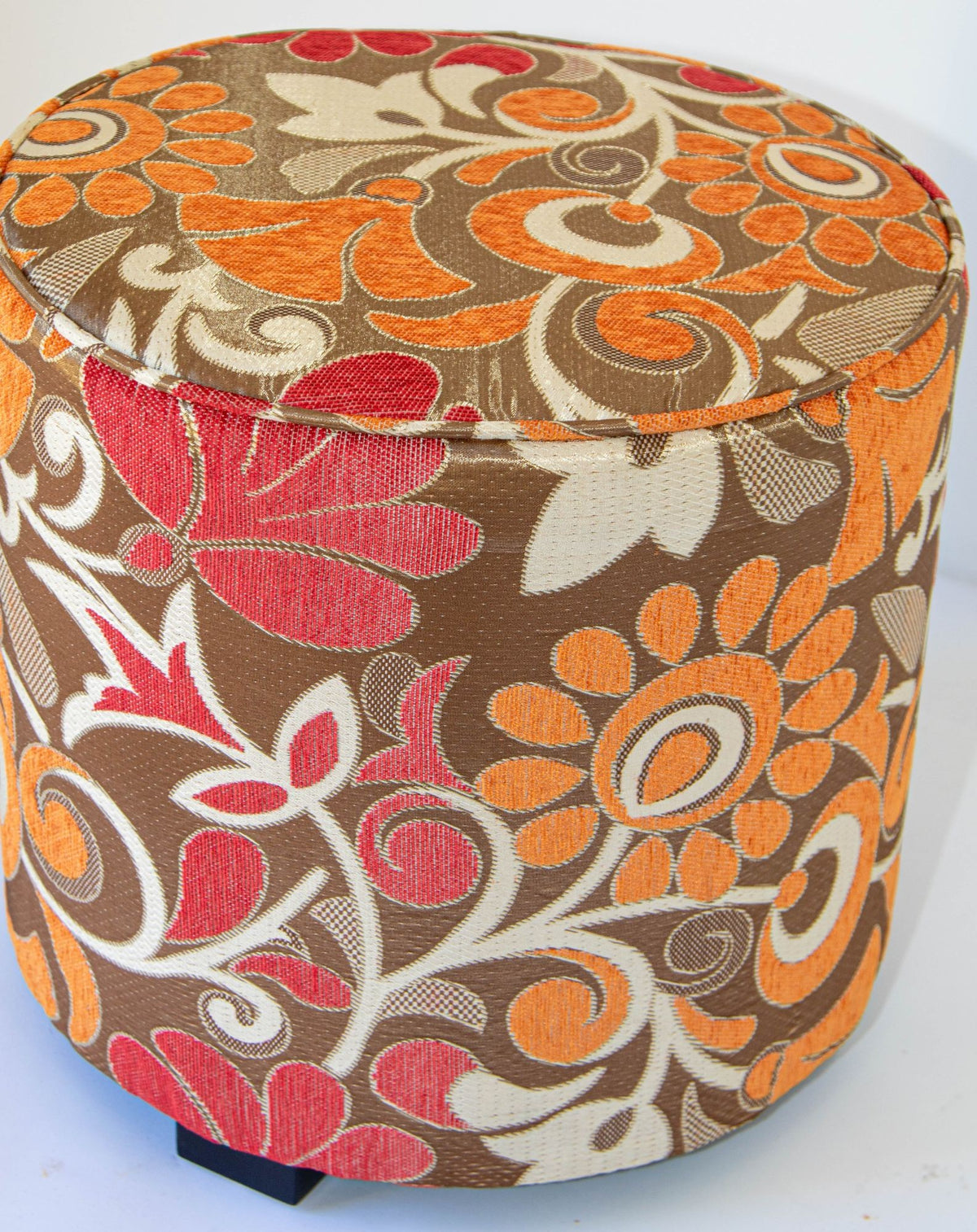 Vintage Moroccan Round Pouf Ottoman in 1970s Psychedelic Floral Velvet