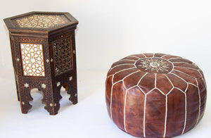 Moroccan Hand Tooled Brown Leather Pouf