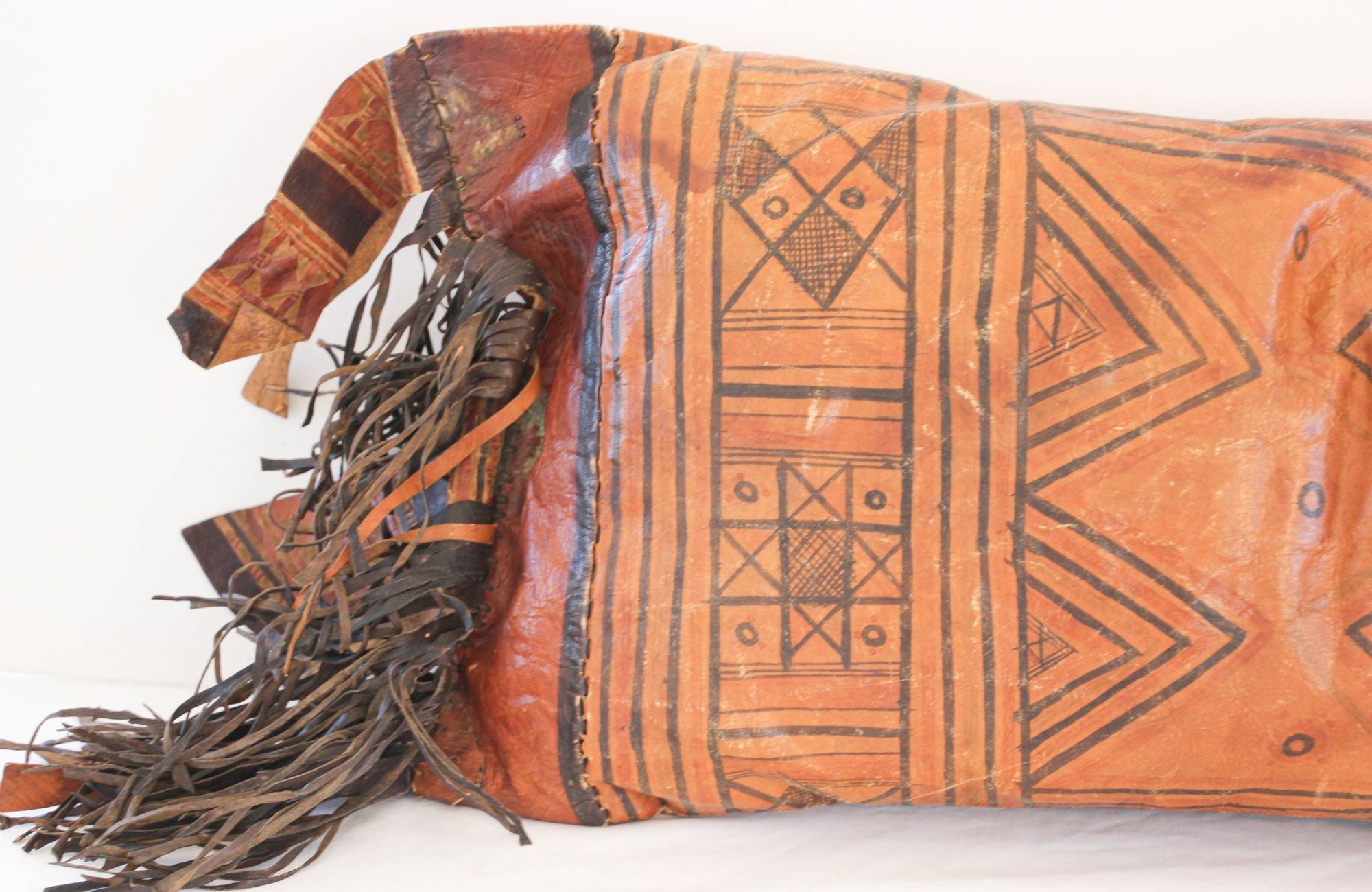 African Tuareg Hand-Tooled Leather Pillow with Fringes