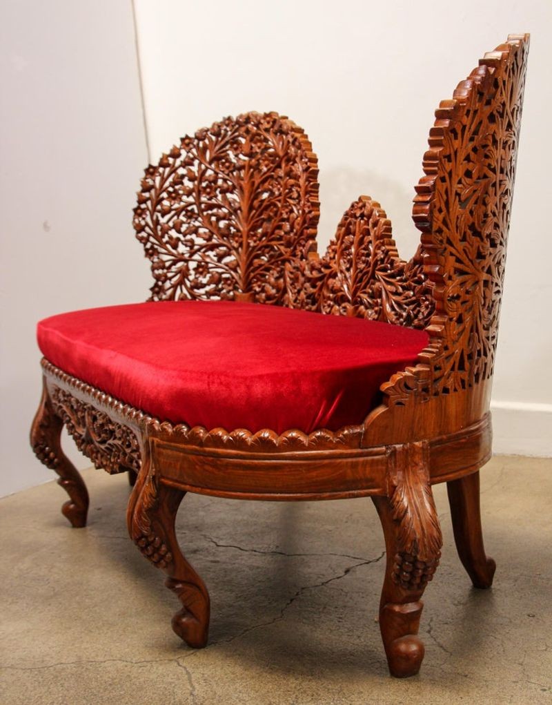 Anglo-Raj Settee with Open Back Hand Carved Tree of Life Back