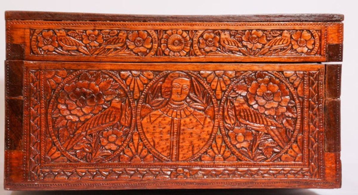 Large Early 19th Century Antique Hand Carved Wooden Mughal Decorative Box