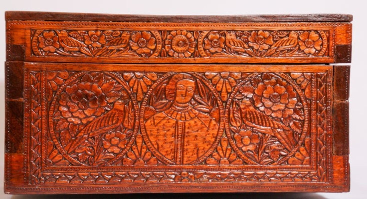 Large Early 19th Century Antique Hand Carved Wooden Mughal Decorative Box