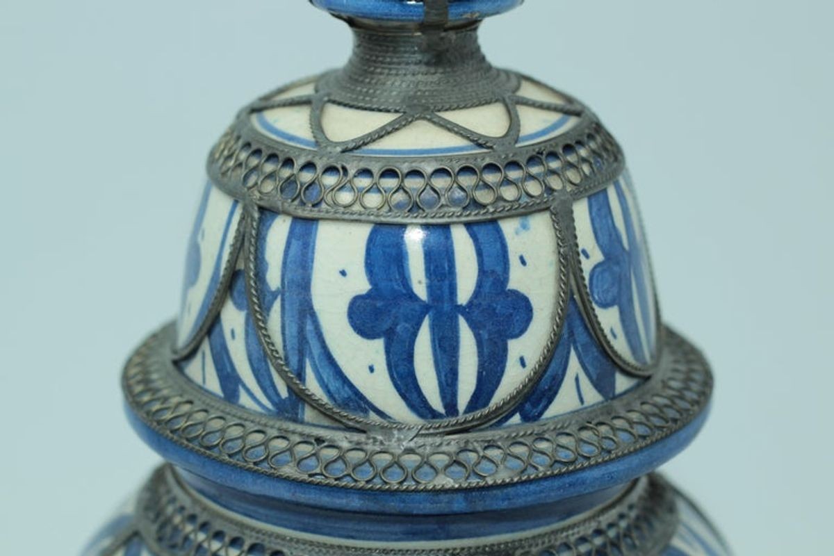 Moroccan Ceramic Vase from Fez Blue and White with Silver Filigree