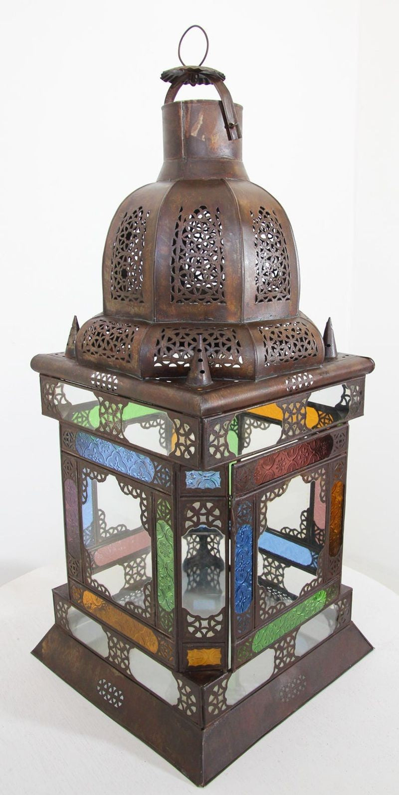 Moroccan Metal Lantern with Multicolor Glass