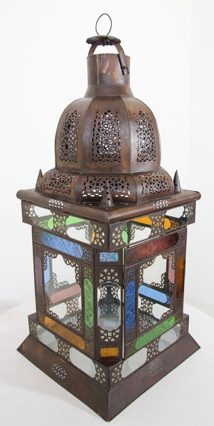 Moroccan Moorish Metal Lantern with Multicolor Glass