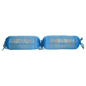 Bolster Pillows Turquoise Blue and Gold Colors with Peacock - A Pair