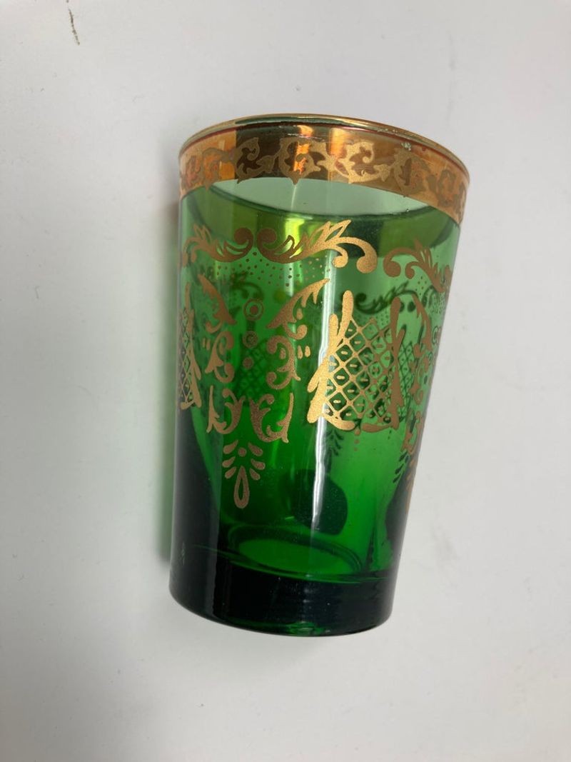 Set of Six Handblown Moorish Green and Gold Tea Glasses