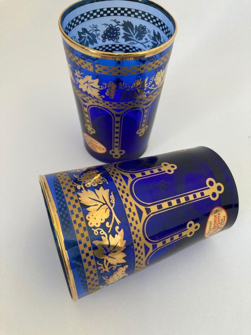 Moorish Blue and Gold Crystal Barware Italian Drinking Glasses Set of 4