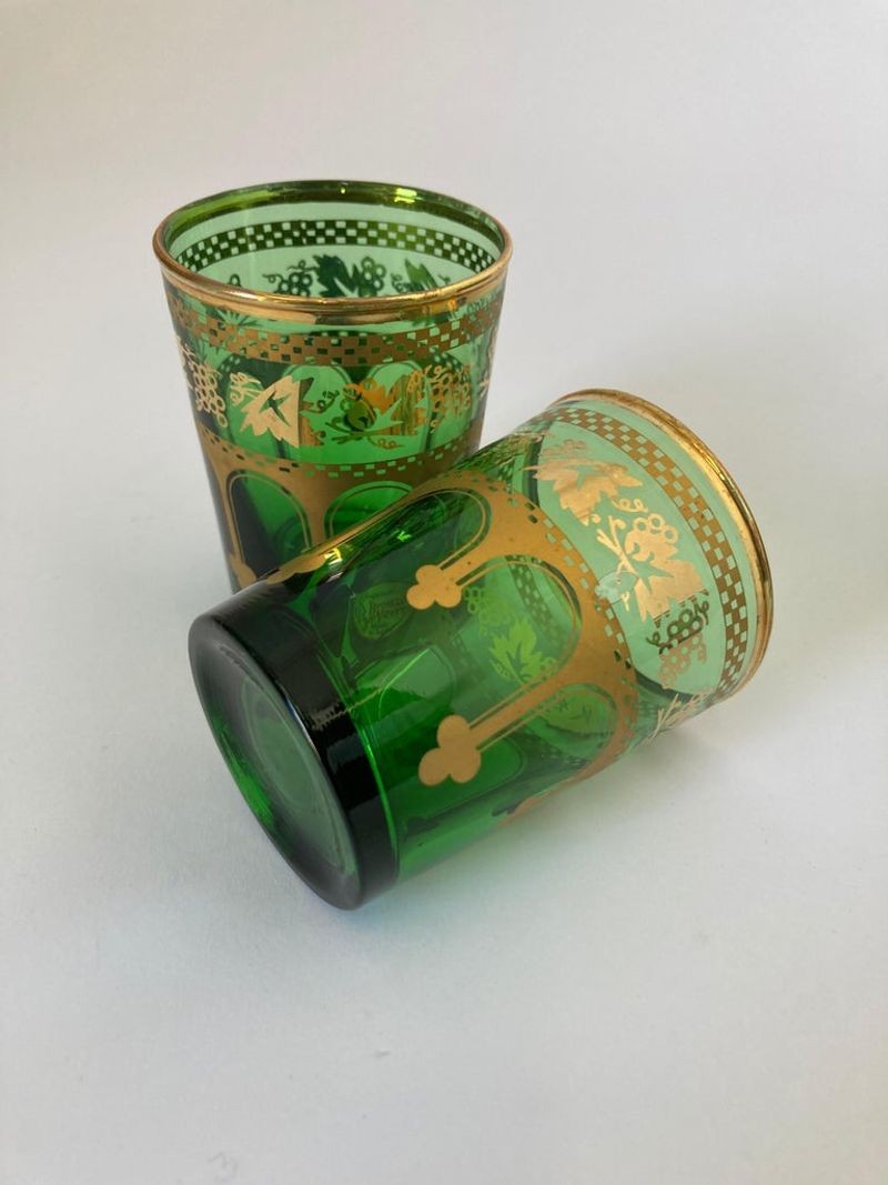 Set of Six Handblown Moroccan Green and Gold Glasses