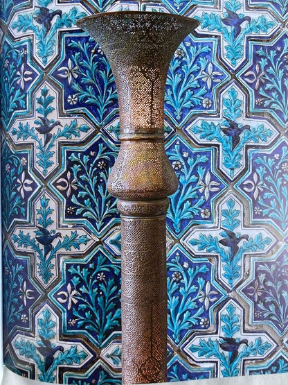 Monumental Middle Eastern Mamluk Revival Pierced Brass Floor Candlestick